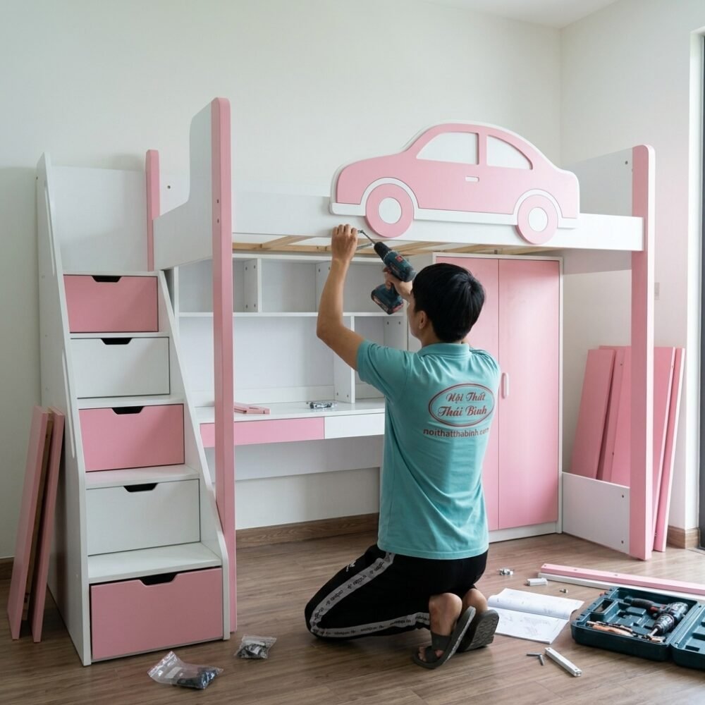 Giường tầng kết hợp bàn học tủ quần áo MS 3432 - bề mặt hoàn thiện