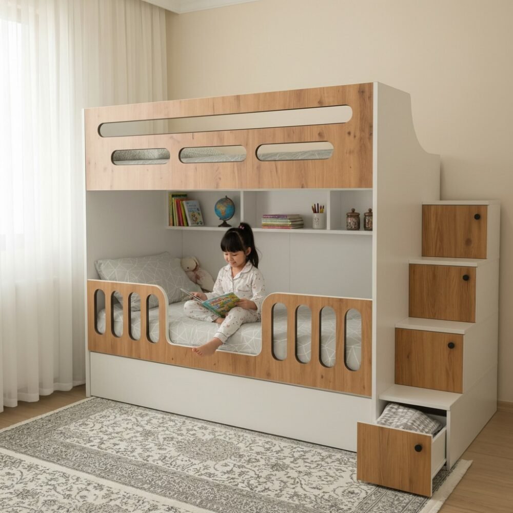 Thiết kế giường tầng cho trẻ em có cầu thang hộp tiện lợi
