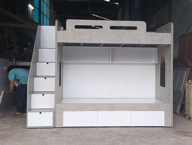 Thiết kế giường tầng có ngăn kéo dưới gầm cầu thang hộp tiện lợi