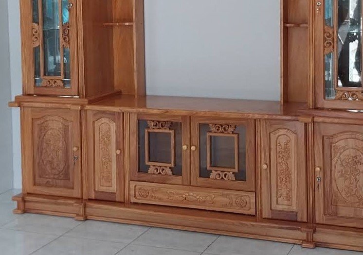 Thiết kế kệ tivi kết hợp tủ rượu gỗ gõ đỏ sang trọng
