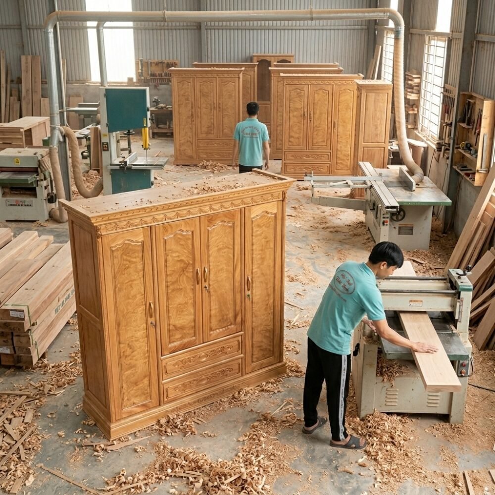 Tủ quần áo gỗ gõ đỏ 4 cánh MS 3437 - đóng tại xưởng Thái Bình TPHCM