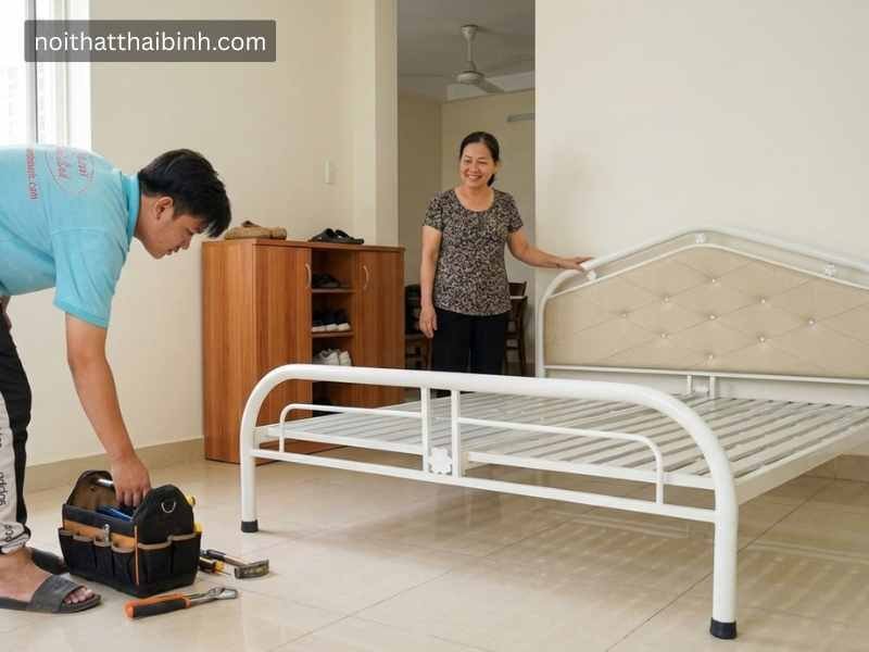 Giường sắt sơn tỉnh điện cao cấp - mẫu thực tế tại xưởng