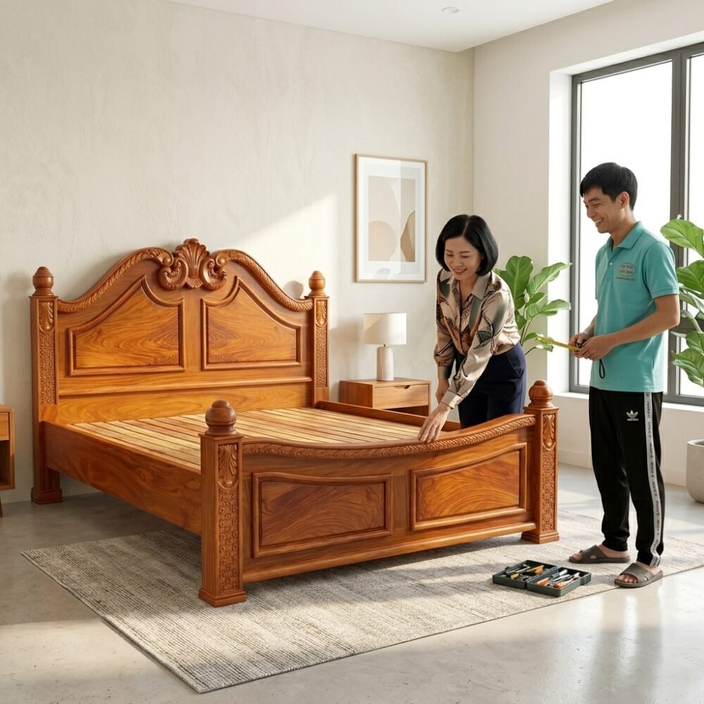 Giường Gõ Đỏ Tự Nhiên Cao Cấp MS 3442 - bề mặt hoàn thiện