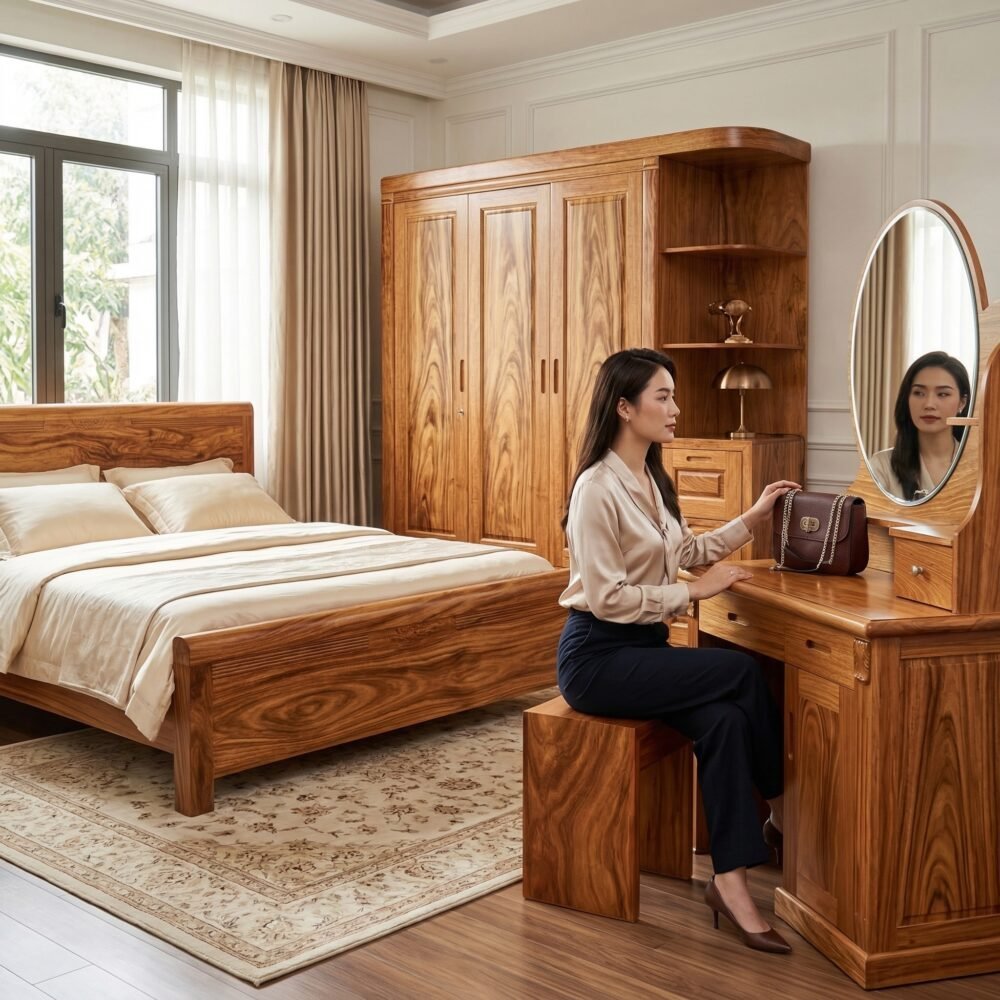 Combo nội thất phòng ngủ gỗ tự nhiên vân Hương Xám cao cấp
