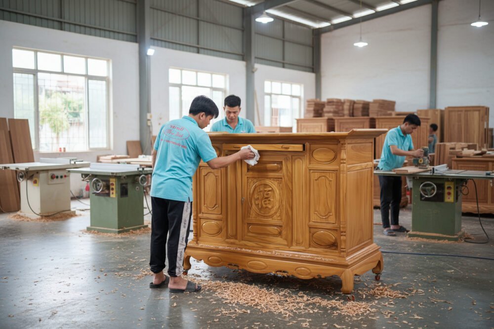Tủ Thờ Gỗ Gõ Đỏ Tự Nhiên Chạm Chữ Phúc MS 3347 - bề mặt hoàn thiện