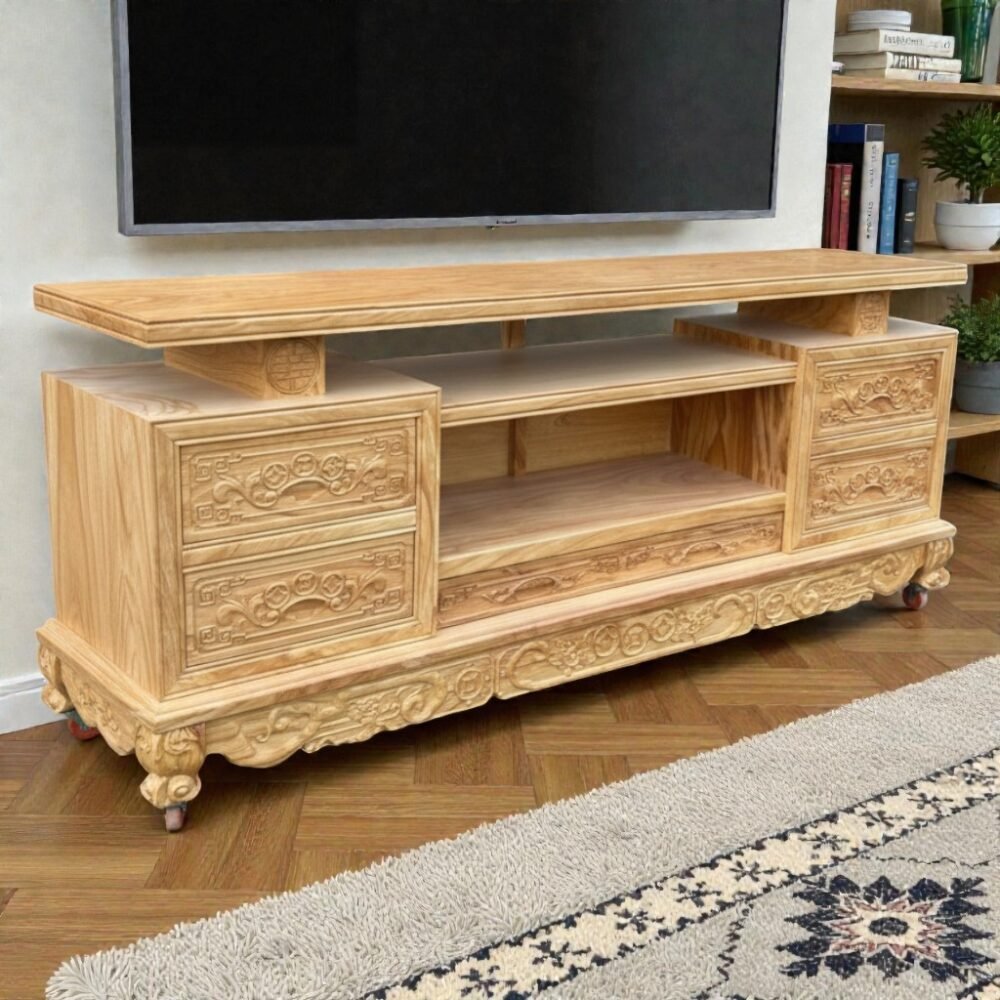 Tủ kệ tivi gỗ gõ đỏ tự nhiên MS 3321 - kỹ thuật đóng mộng chắc chắn