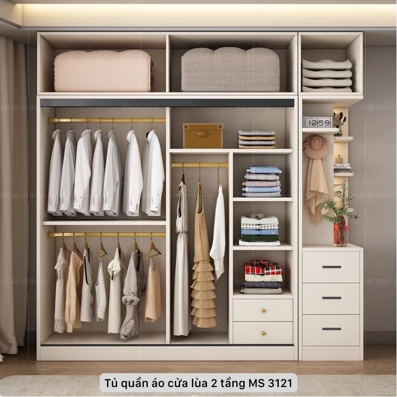 Bên trong tủ quần áo cửa lùa 2 tầng Tủ quần áo cửa lùa 2 tầng MS 3121 - chi tiết vân gỗ tự nhiên