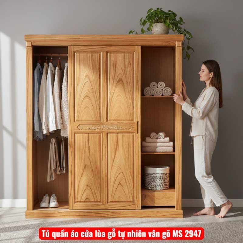 Tủ quần áo cửa lùa gỗ tự nhiên vân gõ MS 2947