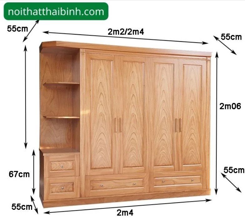 Tủ quần áo gỗ tự nhiên vân gõ 2m4 MS 2705