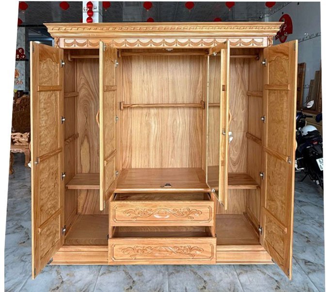 Tủ quần áo gỗ gõ đỏ 4 cánh MS 3437 - chi tiết vân gỗ tự nhiên