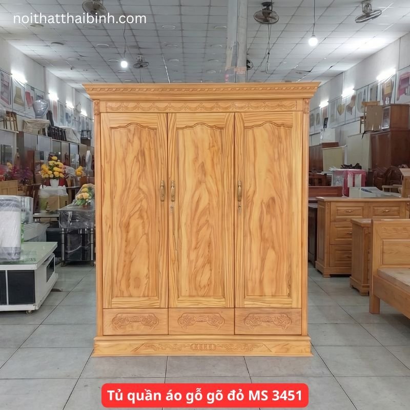 Tủ quần áo gỗ gõ đỏ 3 cánh - mẫu thực tế tại xưởng