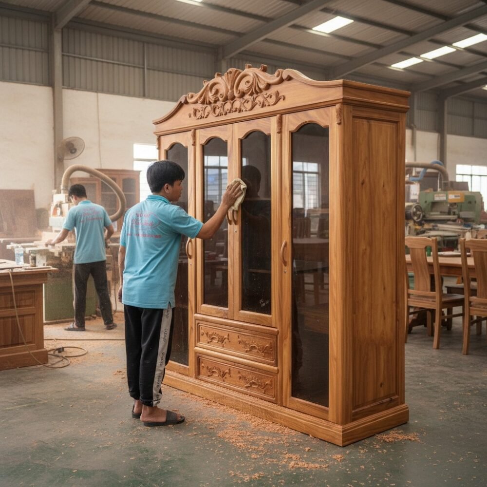 Tủ quần áo gỗ gõ đỏ cánh kính cường lực kích thước lớn hiện đại