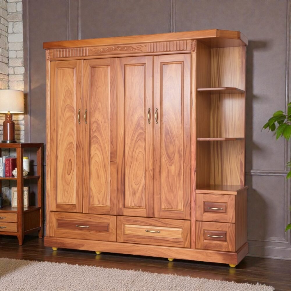 Tủ quần áo gỗ gõ đỏ có kệ trang trí MS 3303 - nhìn tổng thể