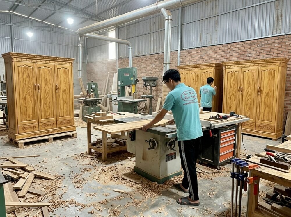 Tủ quần áo gỗ gõ đỏ 3 cánh - bề mặt hoàn thiện