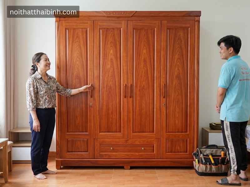 Tủ quần áo gỗ tự nhiên 4 cánh cao cấp - đóng tại xưởng Thái Bình TPHCM