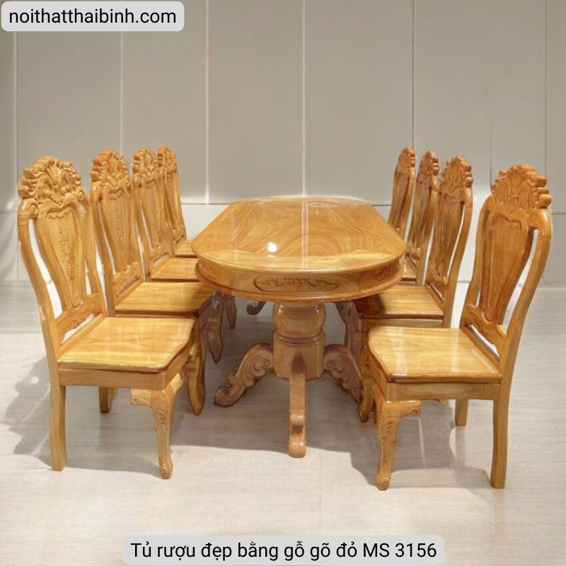 Bộ bàn ăn 8 ghế gỗ gõ đỏ tự nhiên