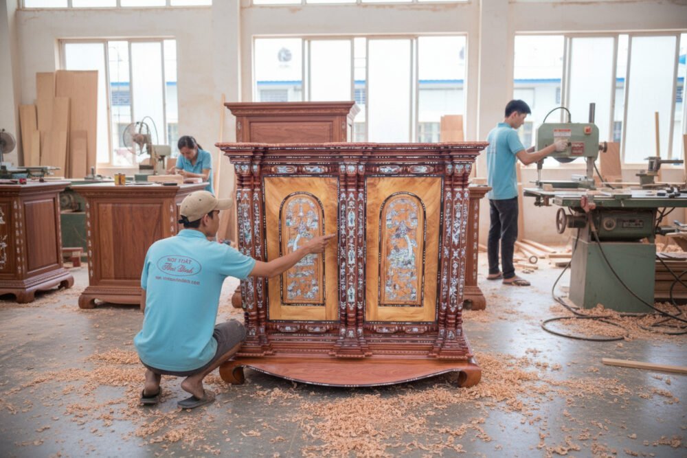 Tủ thờ đẹp 9 trụ căm xe gõ đỏ gỗ tự nhiên cao cấp