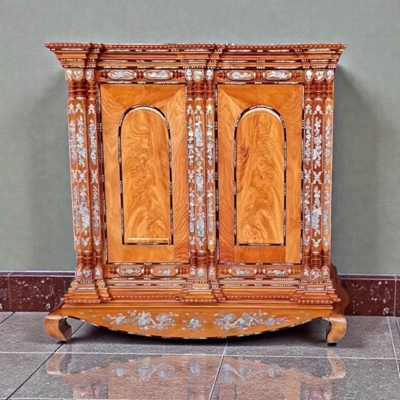 Tủ thờ gỗ 9 trụ căm xe gõ khảm trai MS 3328 - kỹ thuật đóng mộng chắc chắn