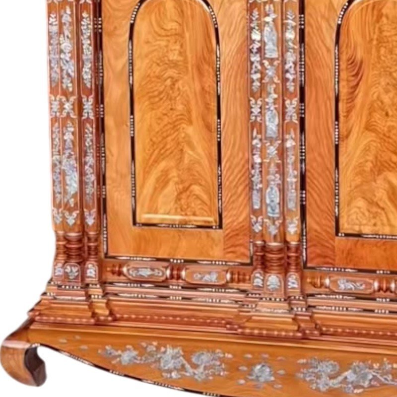 Tủ thờ gỗ 9 trụ căm xe gõ khảm trai MS 3328 - góc nghiêng