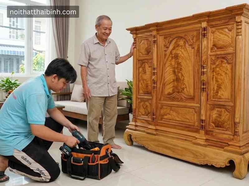 Tủ thờ gỗ gõ đỏ tự nhiên cao cấp - mẫu thực tế tại xưởng