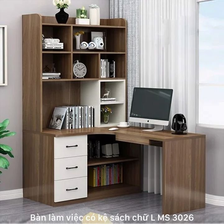 Bàn làm việc chữ L có kệ sách MS 3026