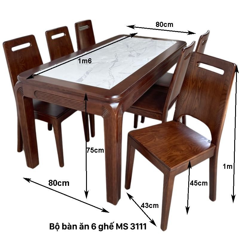 Kích thước bộ bàn ăn gỗ sồi tự nhiên