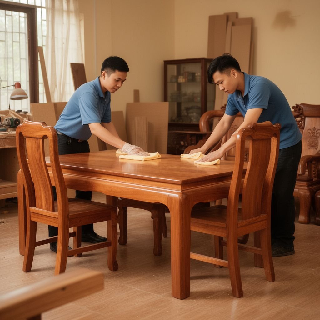 Bước vệ sinh bàn ghế gỗ phòng khách sáng bóng như mới