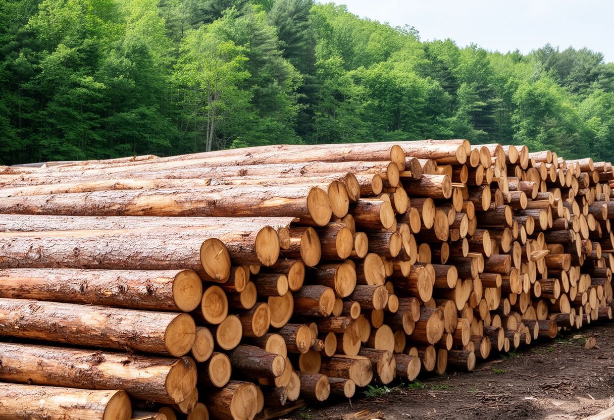 Khúc gỗ tự nhiên tròn xếp đống ngoài bãi gỗ ven rừng