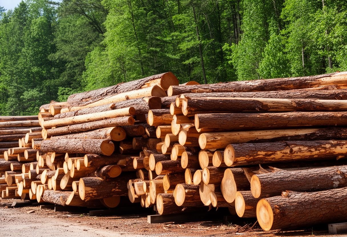 Khúc gỗ tự nhiên tròn xếp đống ngoài bãi gỗ ven rừng