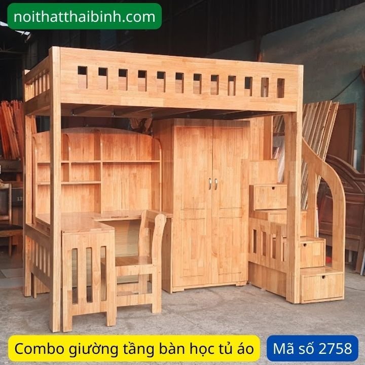 Bộ giường tầng bàn học gỗ cao su
