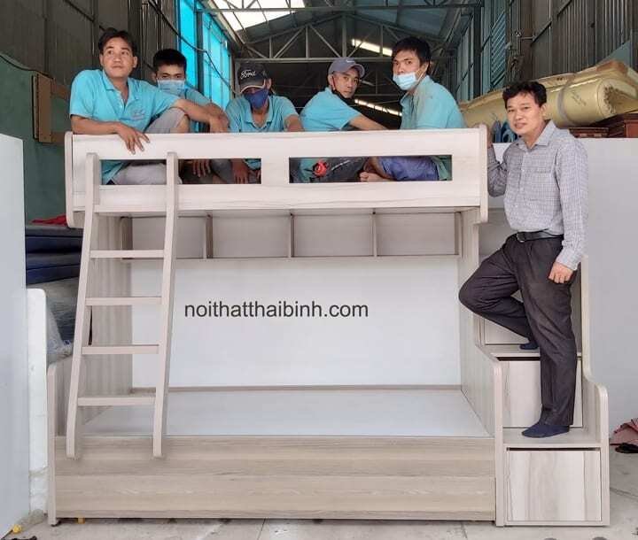Giường tầng 1m6 chất liệu gỗ MDF lõi xanh chống ẩm tại Nội Thất Thái Bình Giường Ngủ Hai Tầng Cao Cấp MS 1145 - nhìn tổng thể
