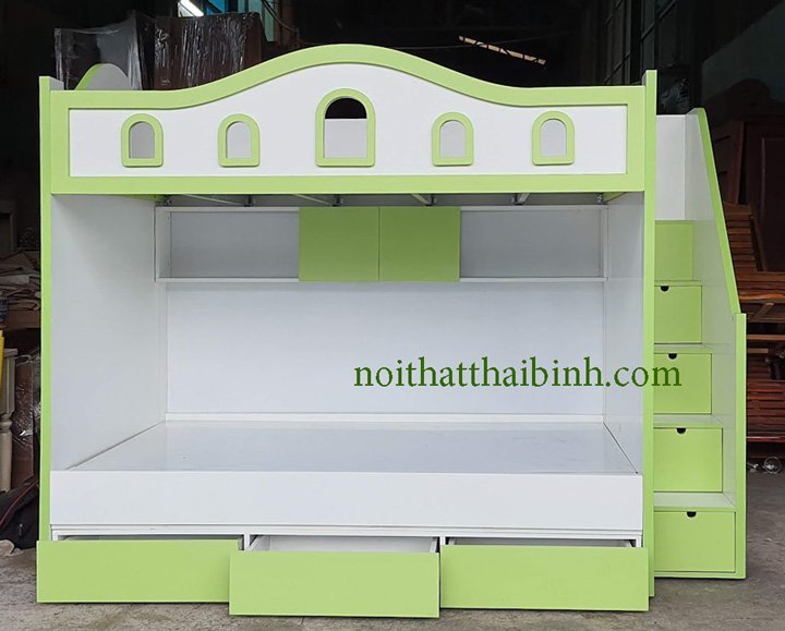 Mẫu Giường 2 Tầng Đẹp MDF Lõi Xanh Cầu Thang Hộp An Toàn