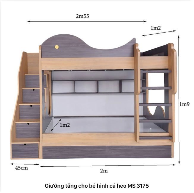 Giường tầng cho bé hình cá heo MS 3175