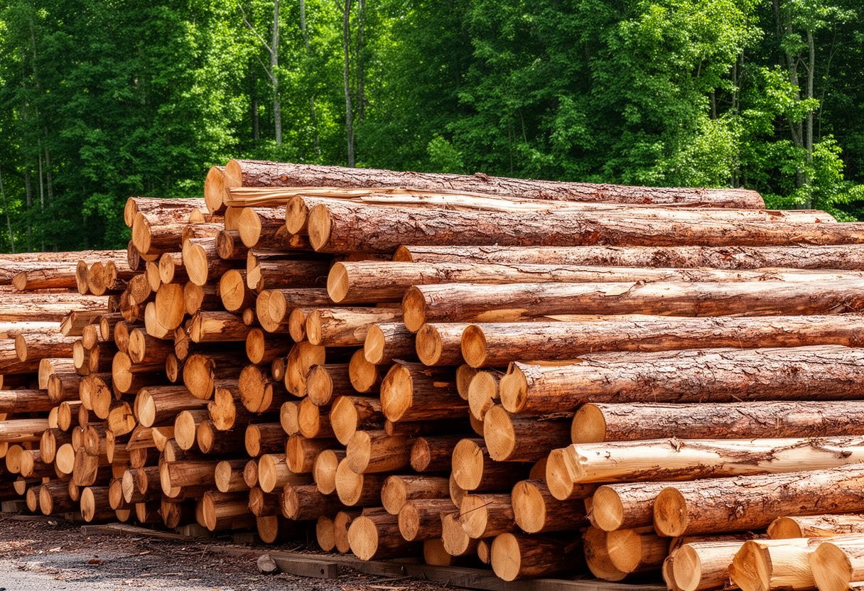 Khúc gỗ tự nhiên tròn xếp đống ngoài bãi gỗ ven rừng
