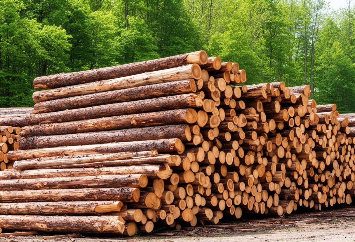 Khúc gỗ tự nhiên tròn xếp đống ngoài bãi gỗ ven rừng