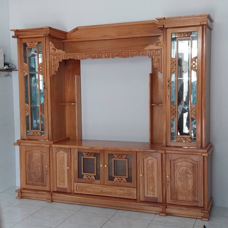 Mẫu kệ tivi gỗ gõ đỏ kết hợp tủ rượu phòng khách