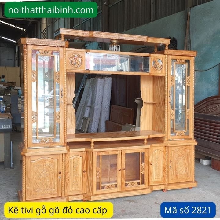 Kệ tivi kết hợp tủ rượu đôi gỗ gõ đỏ