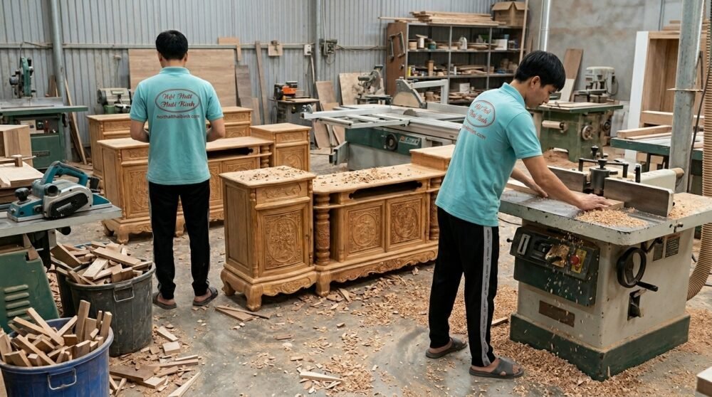 Kệ tivi gỗ gõ đỏ tại xưởng mộc Thái Bình Kệ tivi gỗ gõ đỏ sang trọng bền đẹp - kỹ thuật đóng mộng chắc chắn