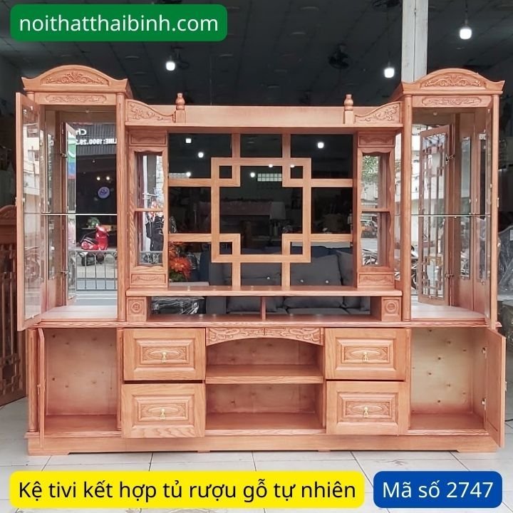 Kệ tivi gỗ kết hợp tủ rượu đẹp Kệ tivi gỗ kết hợp tủ trang trí MS 2747 - nhìn tổng thể