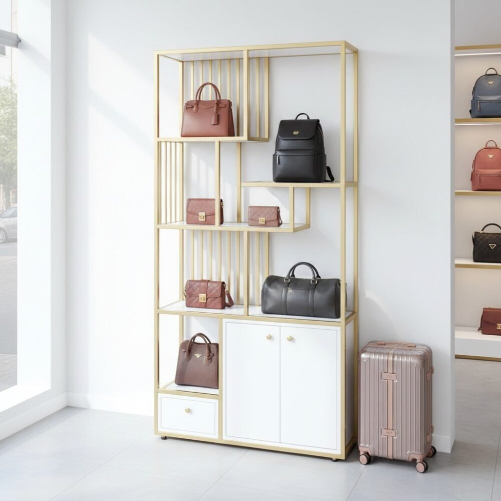 Kệ trưng bày sản phẩm cao cấp khung sắt màu đồng gỗ MDF trắng Kệ trưng bày sản phẩm cao cấp khung sắt màu đồng gỗ MDF trắng