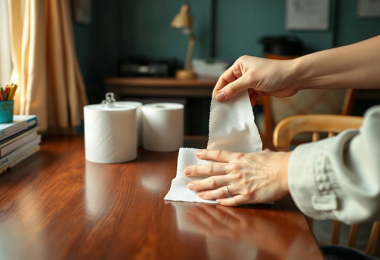 Khăn giấy lau nhẹ nhàng giữ sạch bàn gỗ
