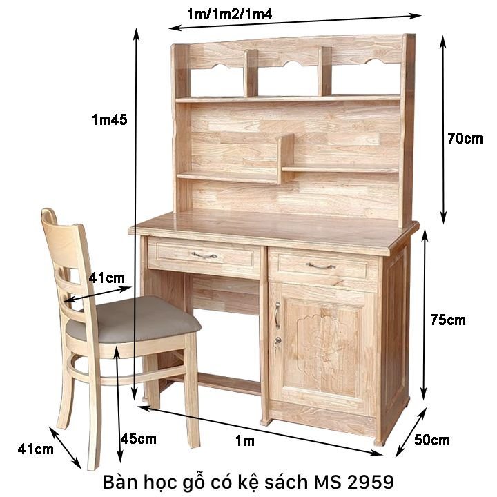 Kích thước bàn ngồi học cho bé có kệ gỗ tự nhiên Bàn học cho bé gỗ tự nhiên có kệ MS 2959 | GIAO HỎA TỐC TPHCM
