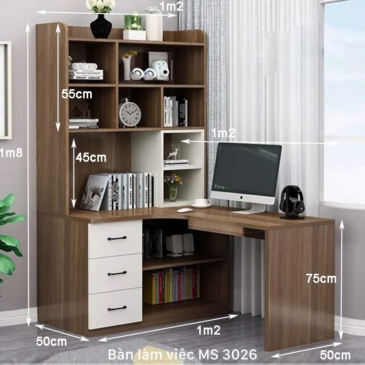 Bàn làm việc chữ L có kệ sách MS 3026