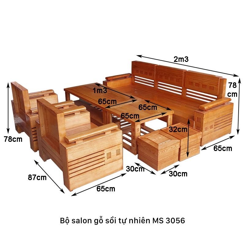 Kích thước bộ salon gỗ sồi tự nhiên