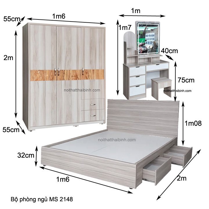 Kích thước bộ phòng ngủ đẹp giá rẻ MS 2148 gỗ melamine