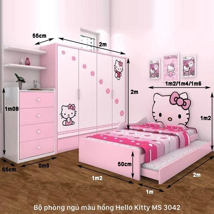 Kích thước bộ phòng ngủ màu hồng Hello Kitty Kích thước bộ phòng ngủ màu hồng Hello Kitty