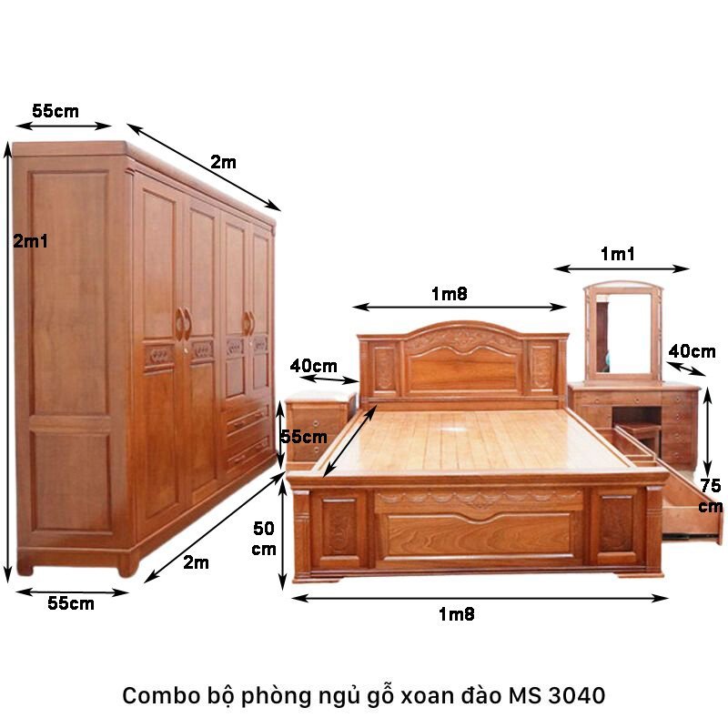 Kích thước combo bộ phòng ngủ gỗ xoan đào