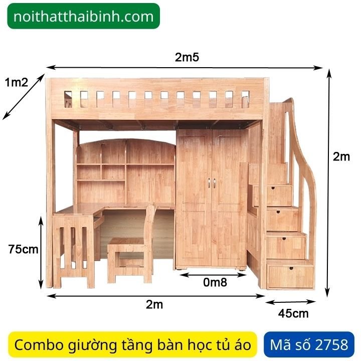 Kích thước combo giường tầng bàn học tủ áo