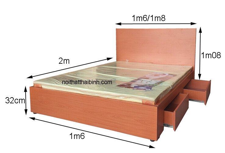 Kích thước giường ngủ có 2 ngăn kéo