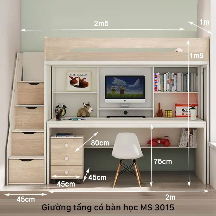 Kích thước giường tầng có bàn học Giường tầng có bàn học MS 3015 - chi tiết vân gỗ tự nhiên